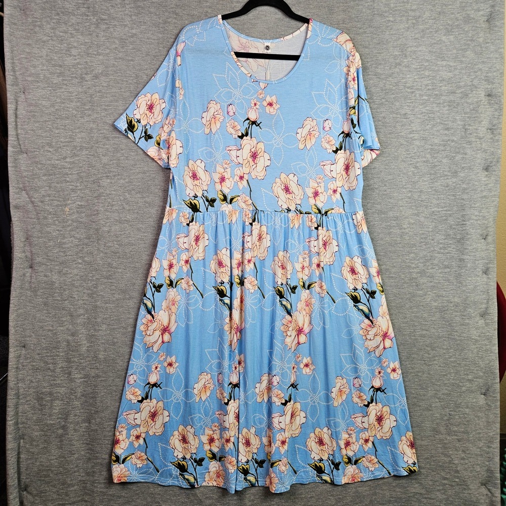 Poseshe Womens 3XL Blue Floral Babydoll Dress Short Sleeve Rayon Stretch Jersey